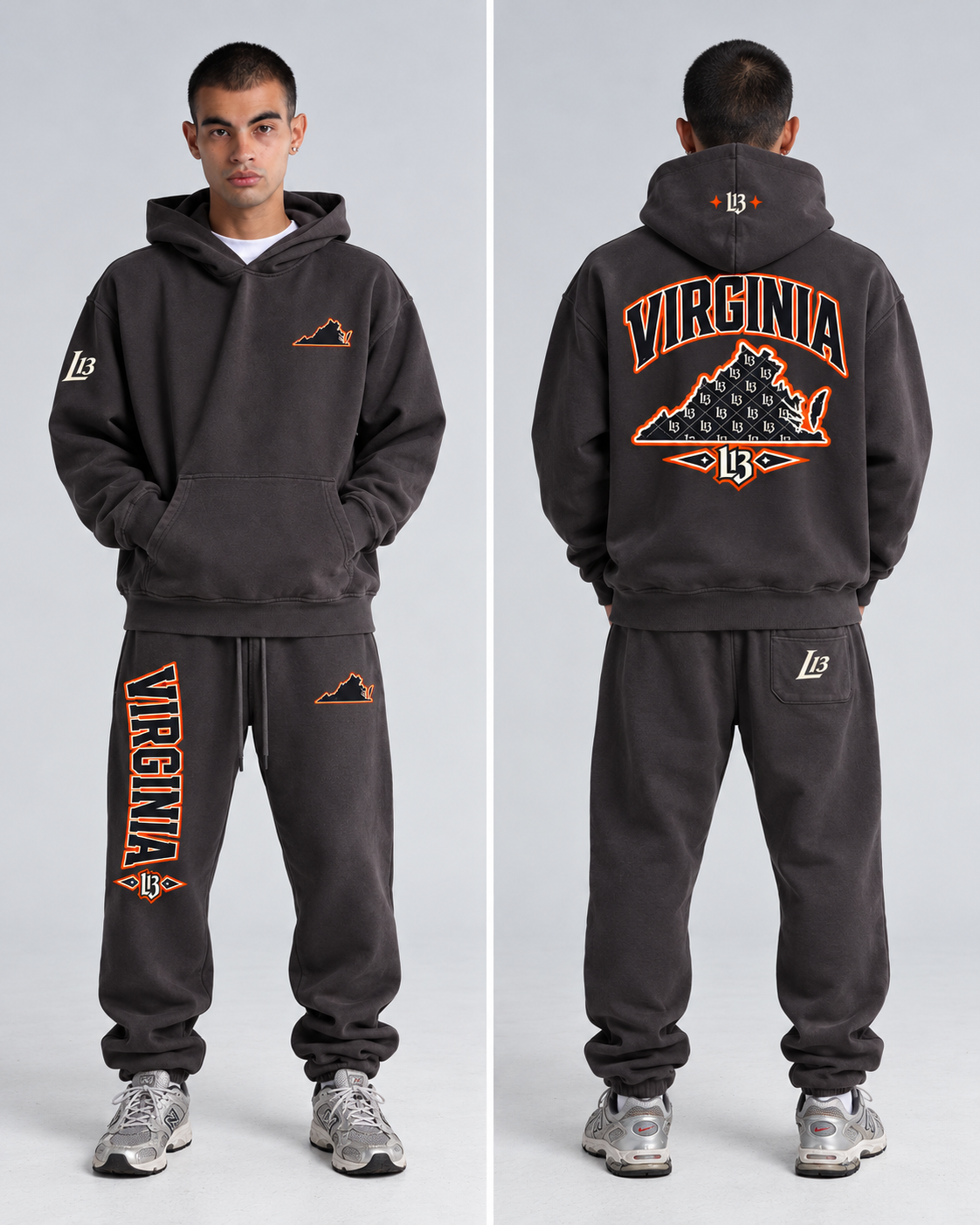 Virginia × L13 Streetwear Hoodie in charcoal, front and back