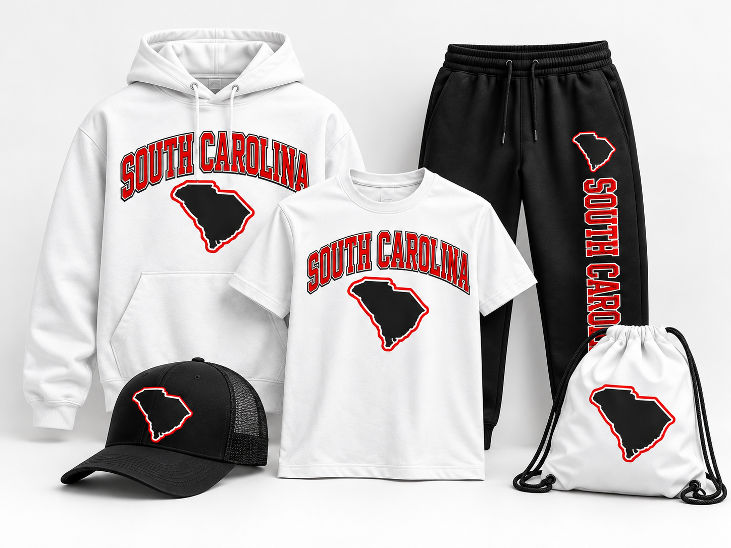 South Carolina team apparel collection — hoodie, t-shirt, sweatpants, hat and drawstring bag