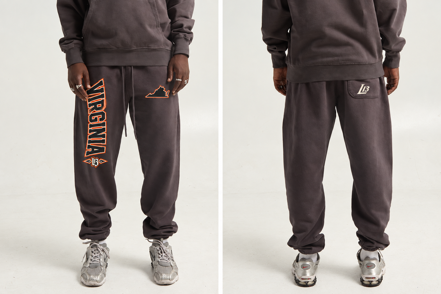 Virginia × L13 Sweatpants in charcoal, front and back