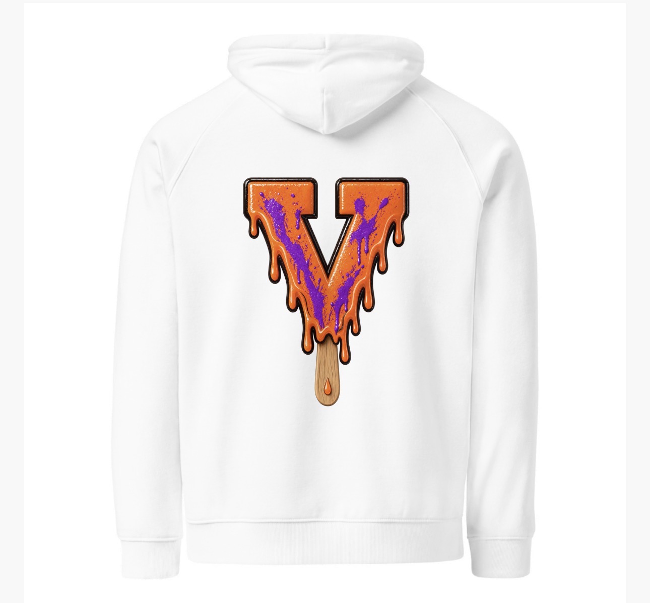 Purple Splatter Drip V Hoodie — white, back