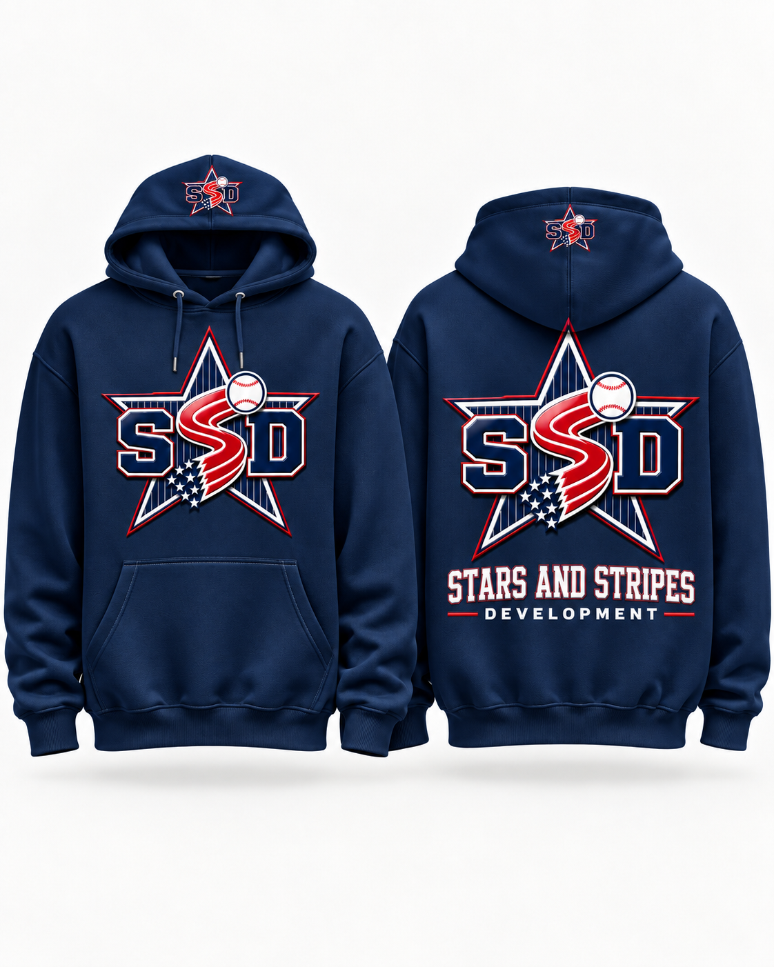 Stars & Stripes Development Navy hoodie mockup, front and back