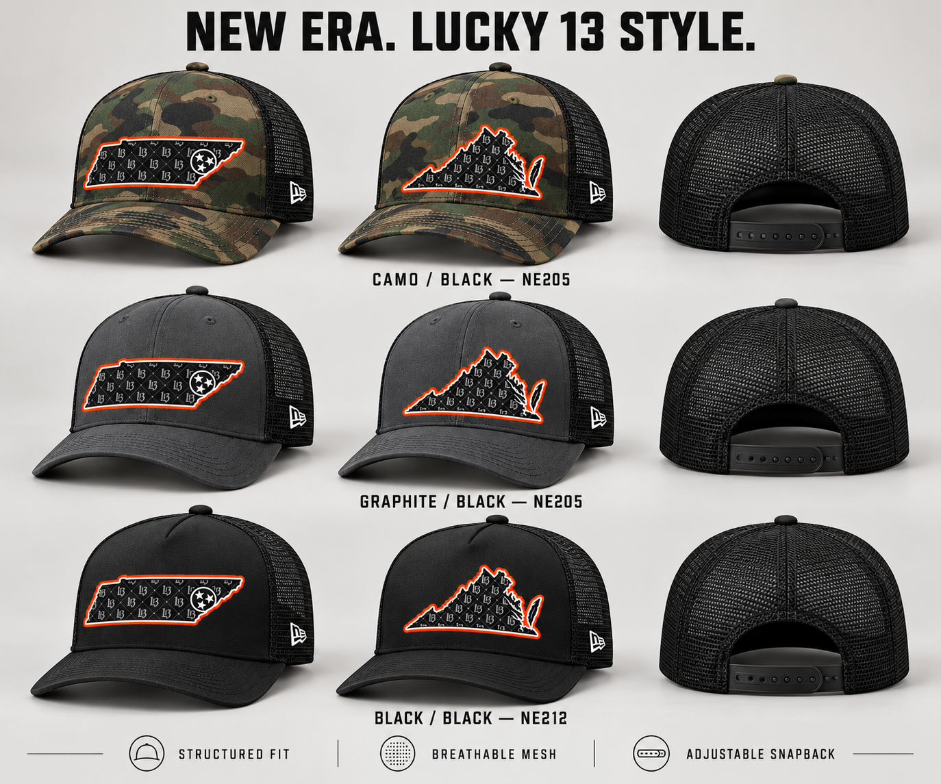 Tennessee and Virginia New Era caps shown at an angle with their mesh backs and adjustable snapbacks