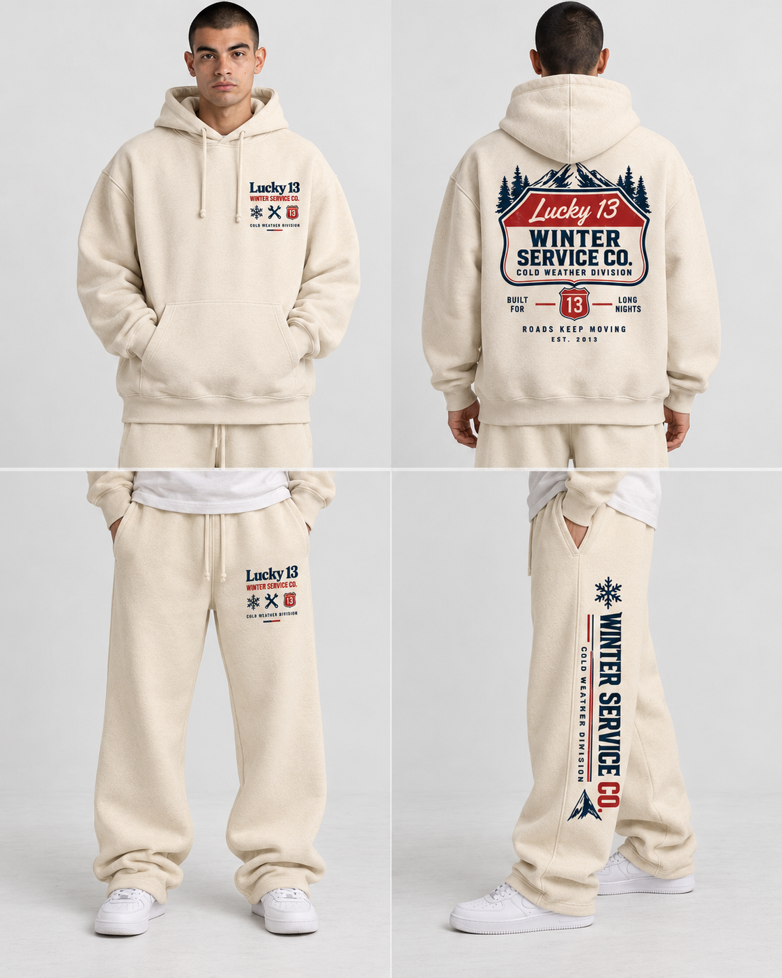 Winter Service Co. cream hoodie and sweatpants set, front and back