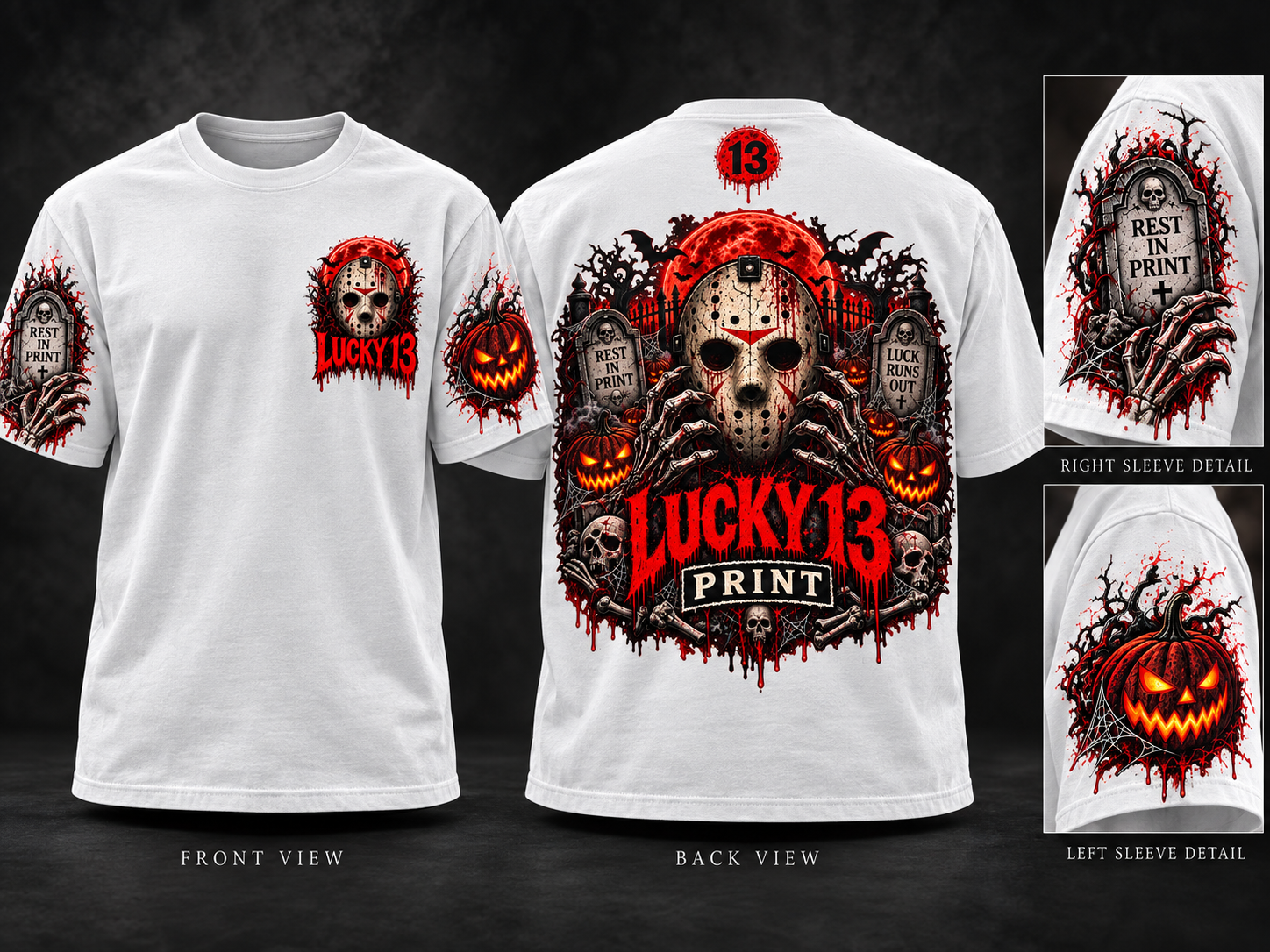Luck Runs Out white tee mockup showing front, back and both sleeve details