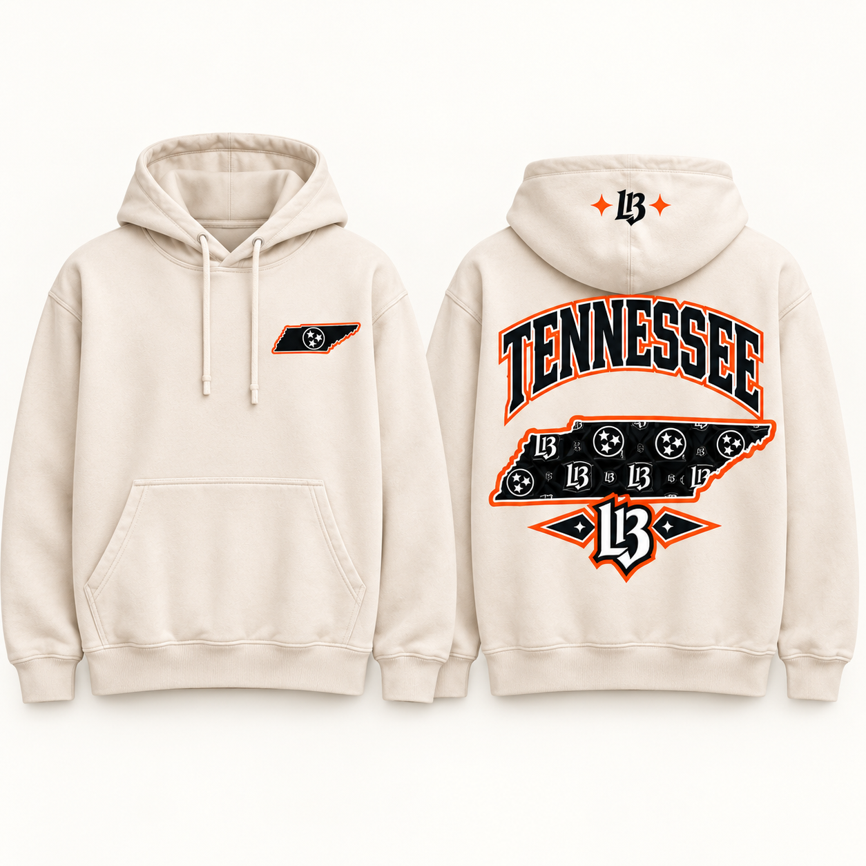 Tennessee Tri-Star Streetwear Hoodie in cream heavyweight, front and back