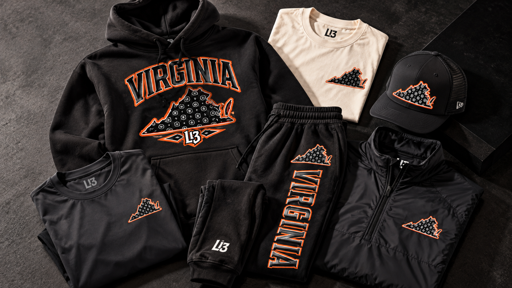 Virginia × L13 merch collection — hoodie, tee, sweatpants, performance shirt, quarter-zip and trucker hat with Virginia state artwork