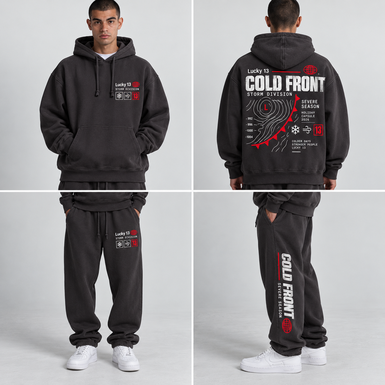 Cold Front charcoal hoodie and sweatpants set, front and back