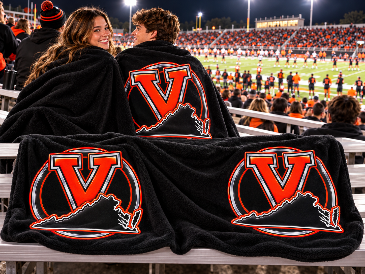 Virginia V Double-End Stadium Fleece Blanket in black with the Virginia V artwork on both ends, at a night game