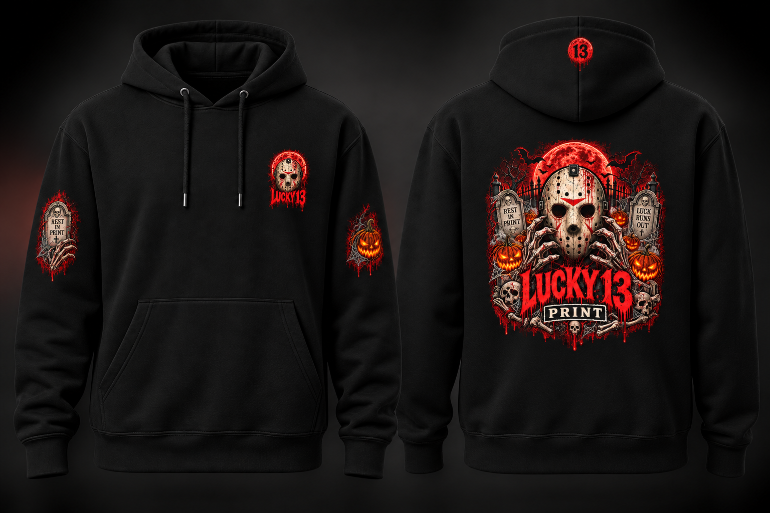 Luck Runs Out black hoodie mockup, front and back, with hockey-mask graveyard artwork