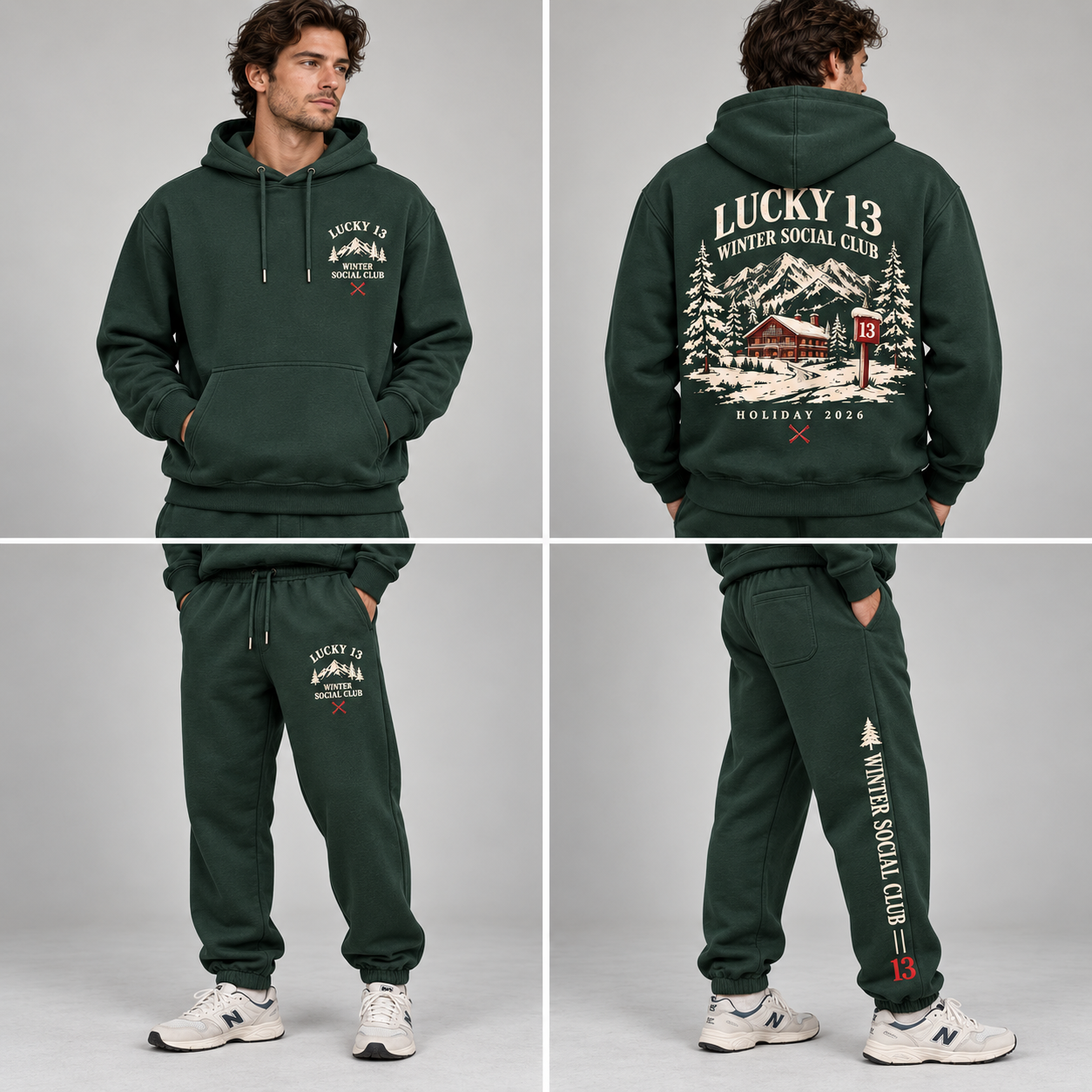 Winter Social Club forest green hoodie and sweatpants set, front and back