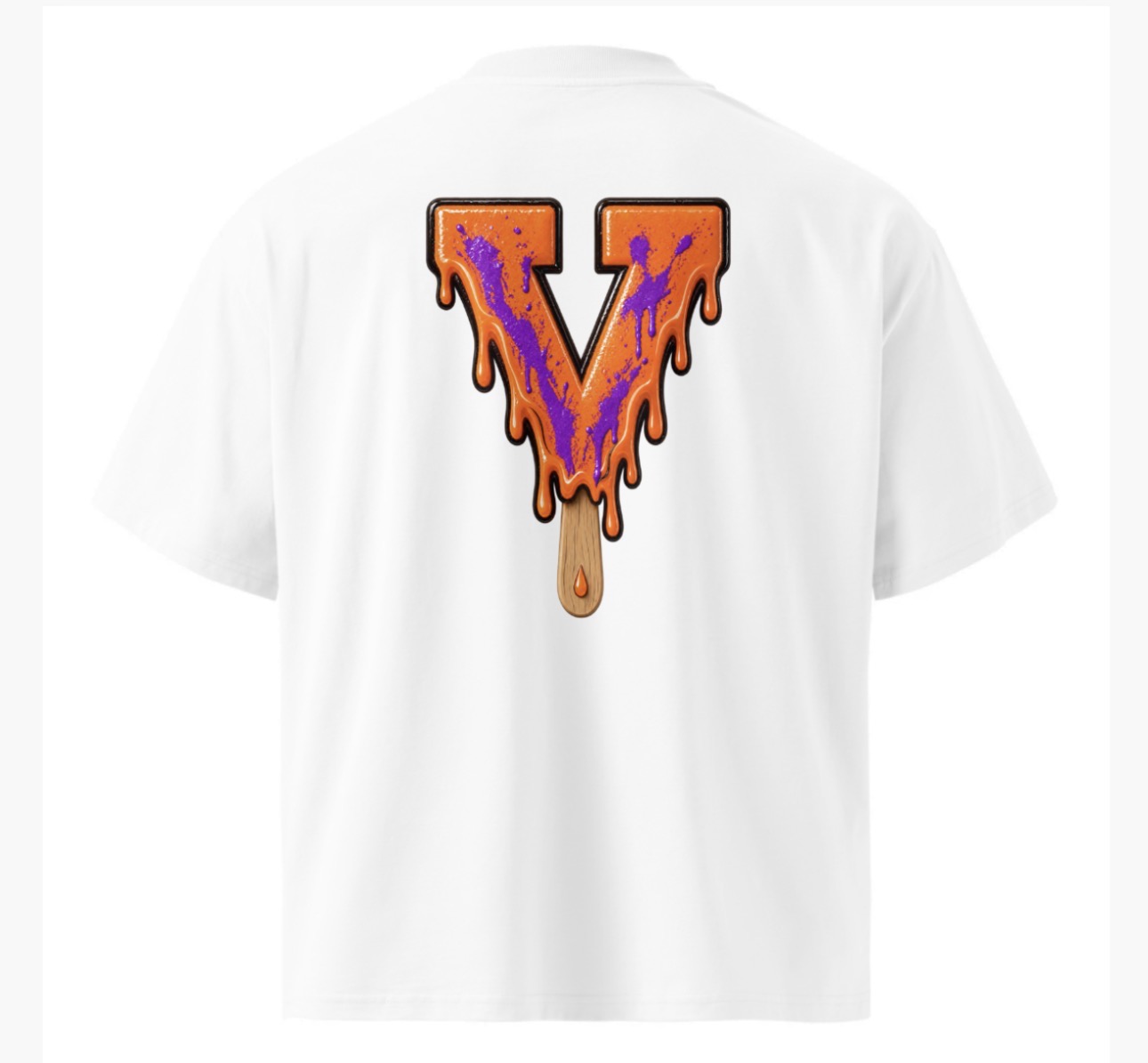 Purple Splatter Drip V T-Shirt — white, back