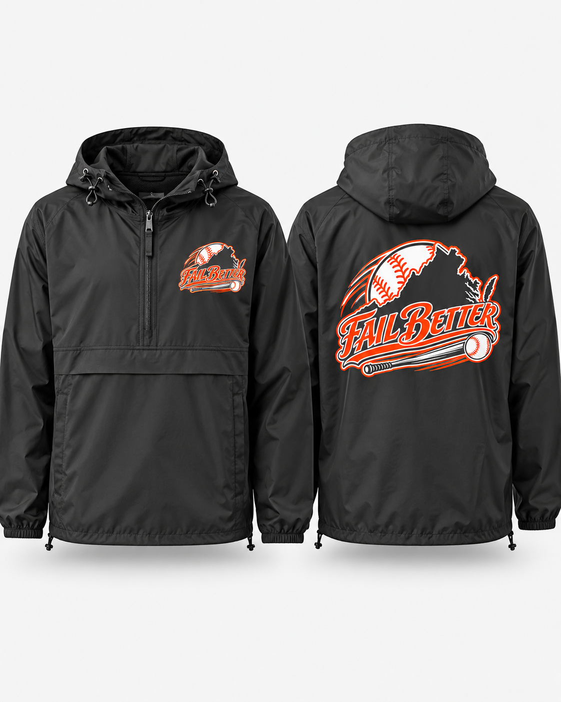 Black Fail Better lightweight windbreaker, front and back