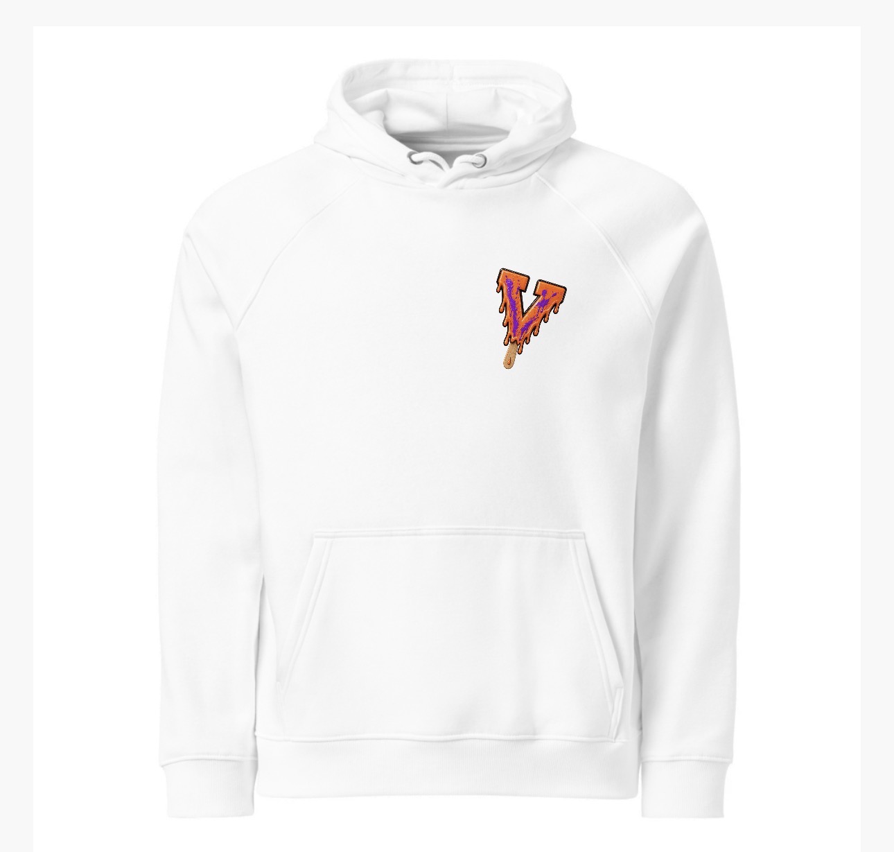 Purple Splatter Drip V Hoodie — white, front