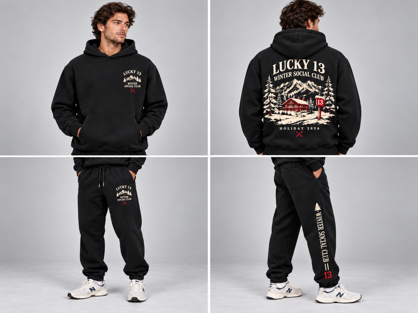 Winter Social Club black hoodie and sweatpants set, front and back views