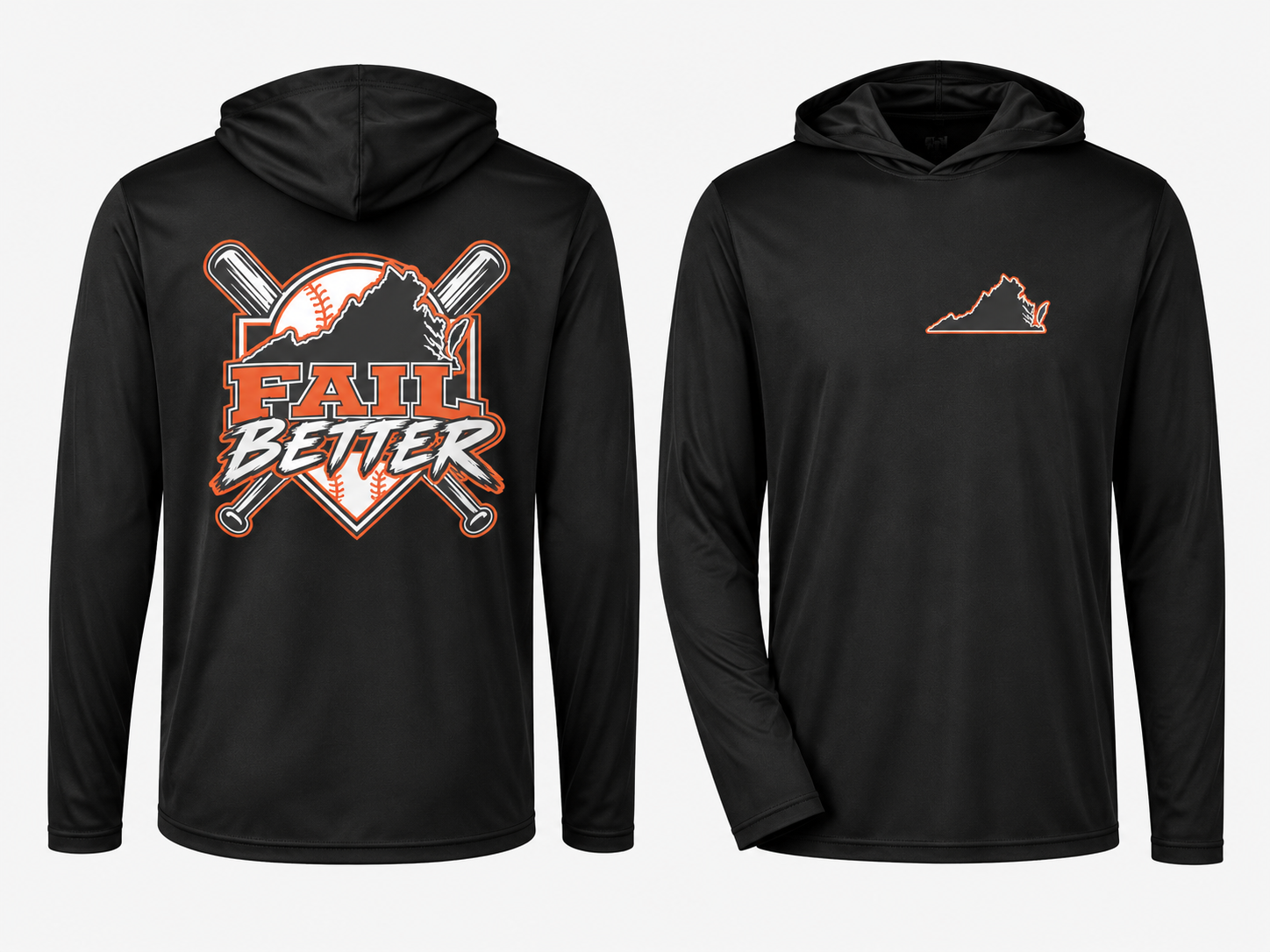 Black Fail Better Performance Hooded Shirt, back and front