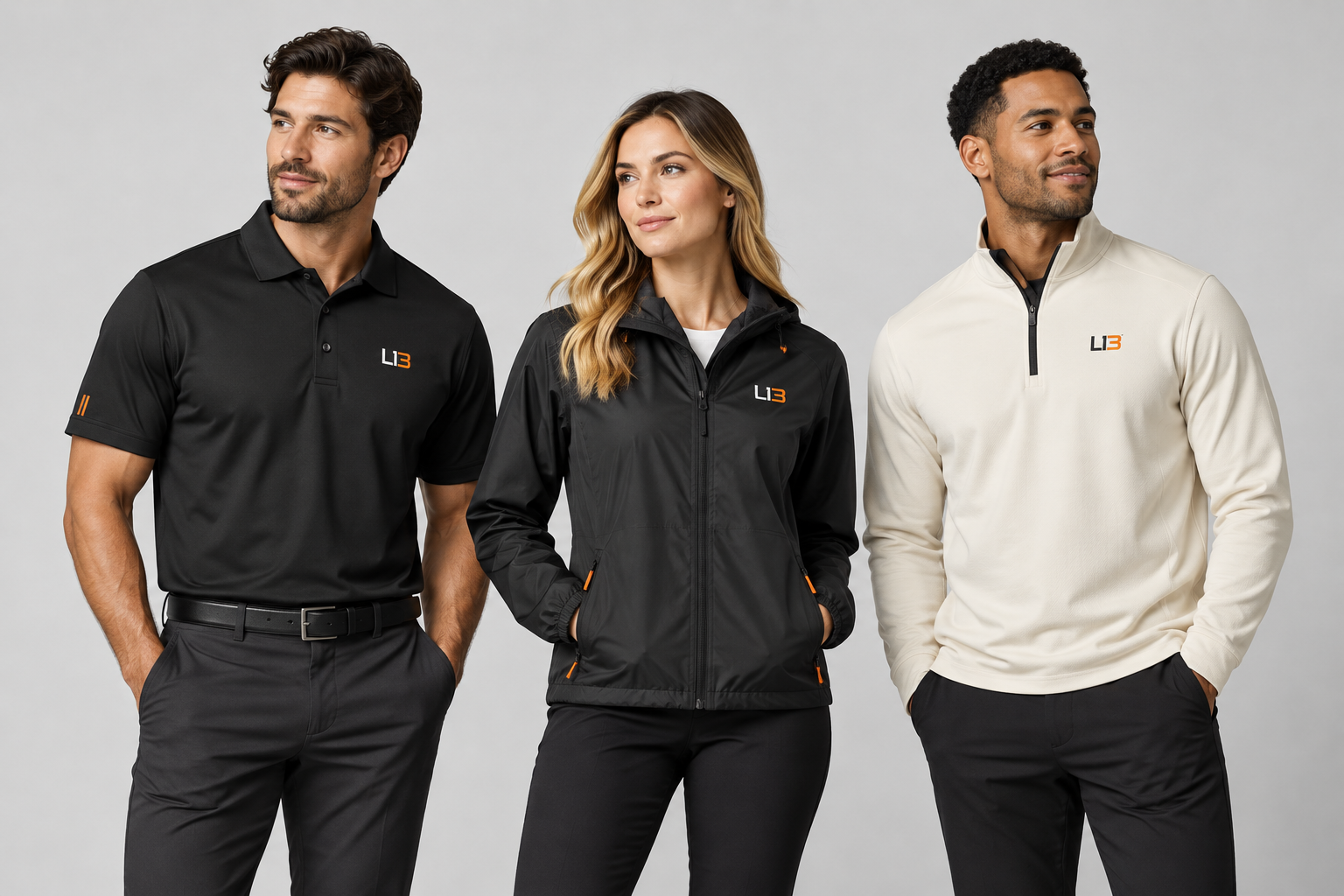 Coordinated Lucky 13 studio apparel sample — black performance polo, black zip windbreaker and cream quarter-zip, each with the L13 chest mark