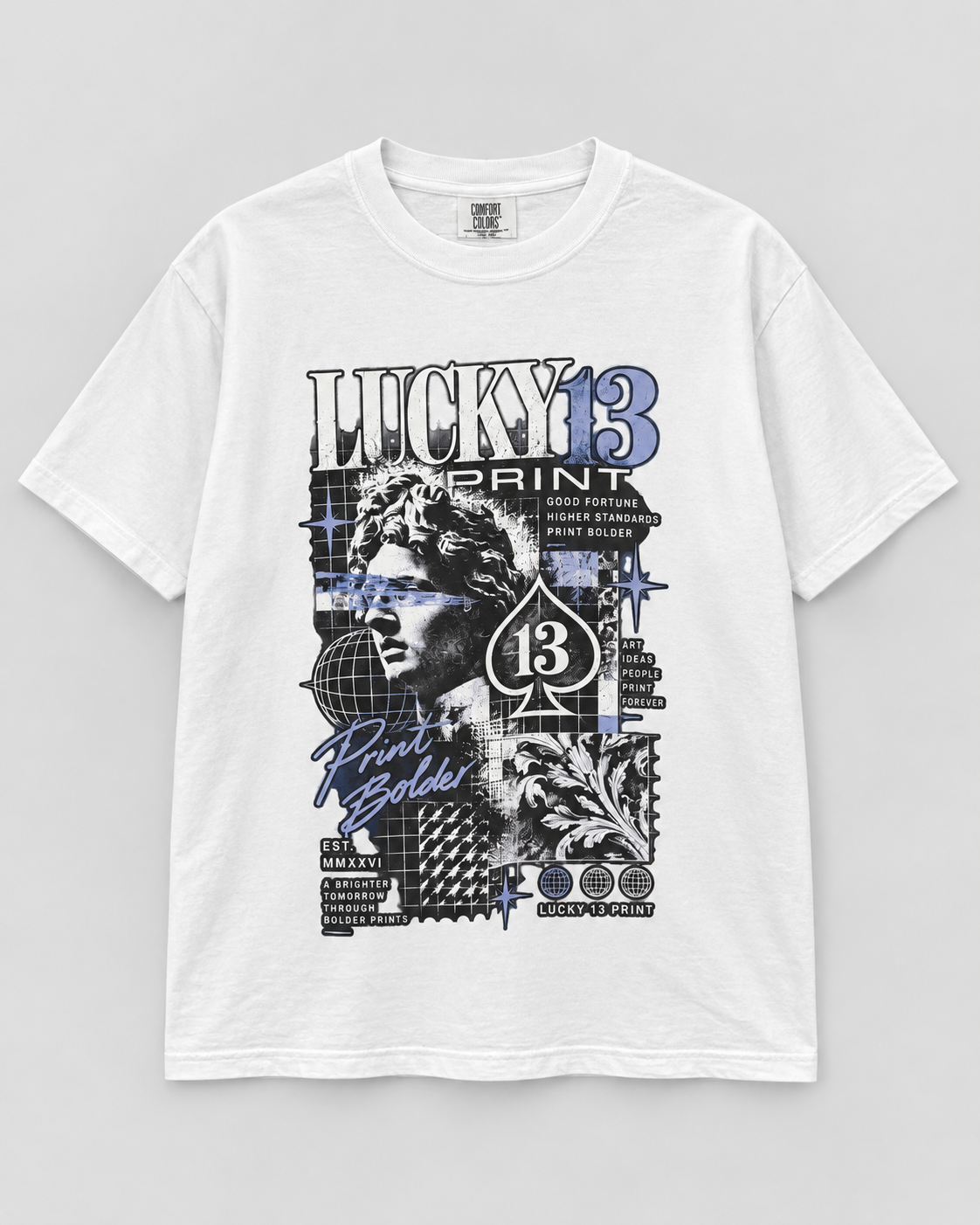 Front view of the approved white Print Bolder Lucky 13 graphic tee