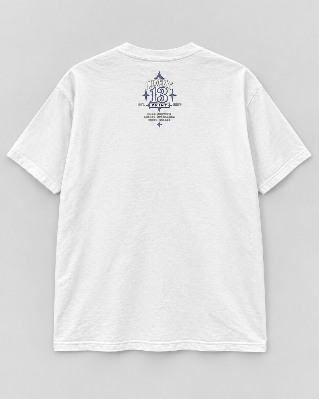 Back view of the approved white Print Bolder Lucky 13 graphic tee
