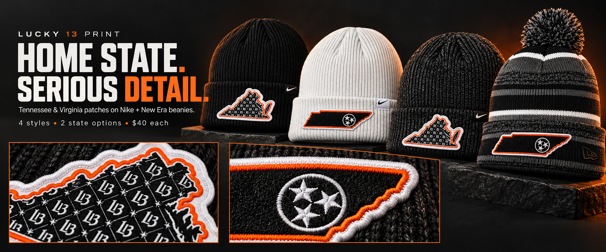Lucky 13 Print beanie banner: four beanies with Tennessee and Virginia state patches, $40 each