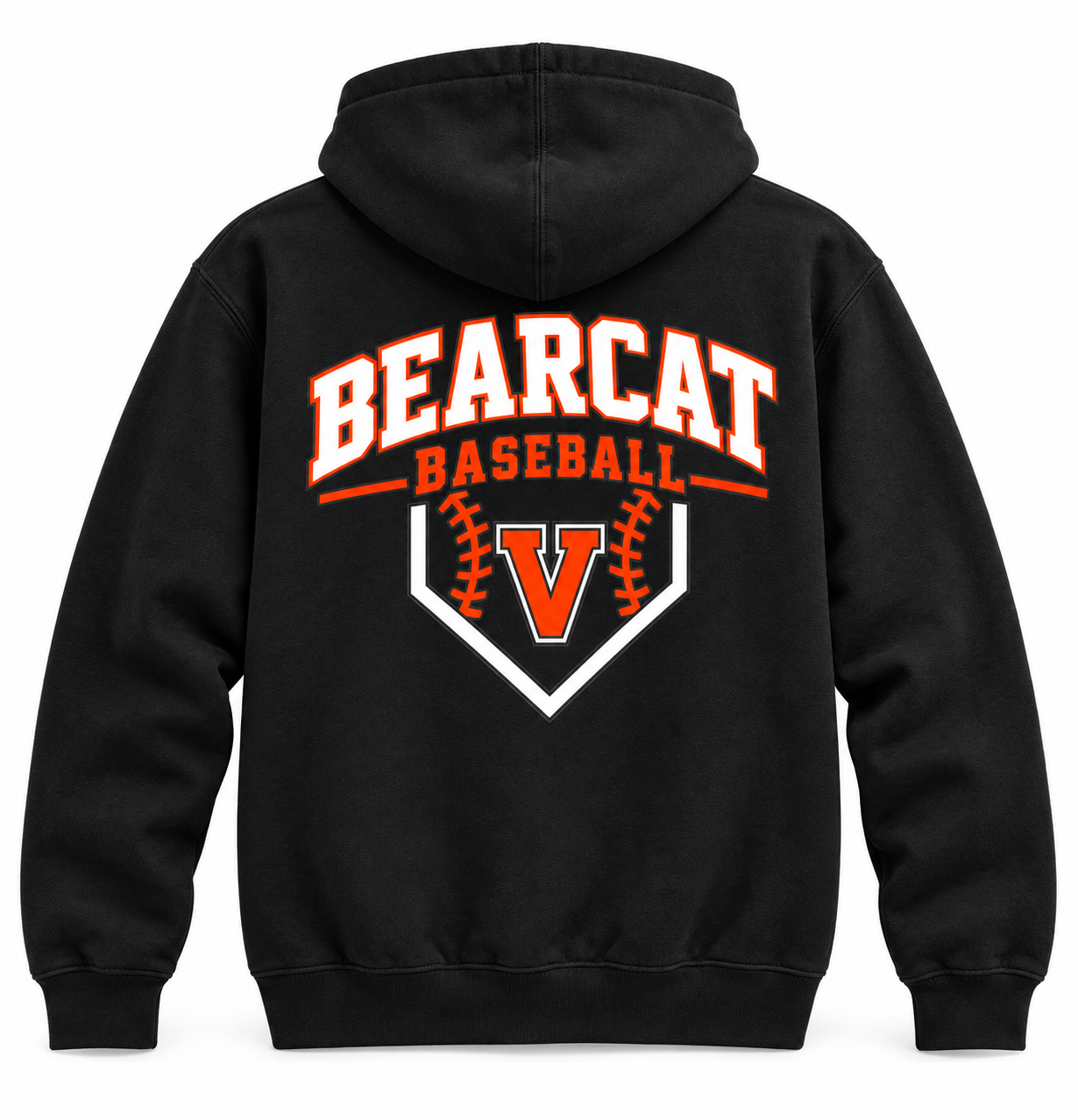 Virginia High Bearcat Baseball black hoodie back with large BEARCAT BASEBALL, orange V, stitching and home plate