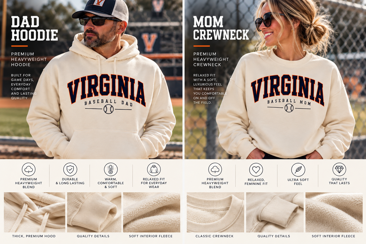 Owner-approved Virginia Baseball Dad hoodie and Baseball Mom crewneck preview, with garment details
