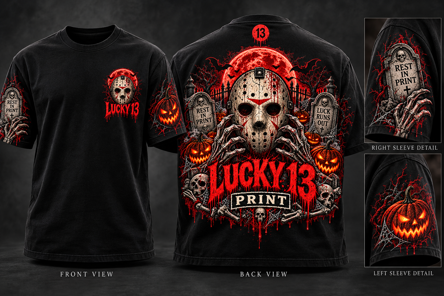 Luck Runs Out black tee mockup showing front, back and both sleeve details