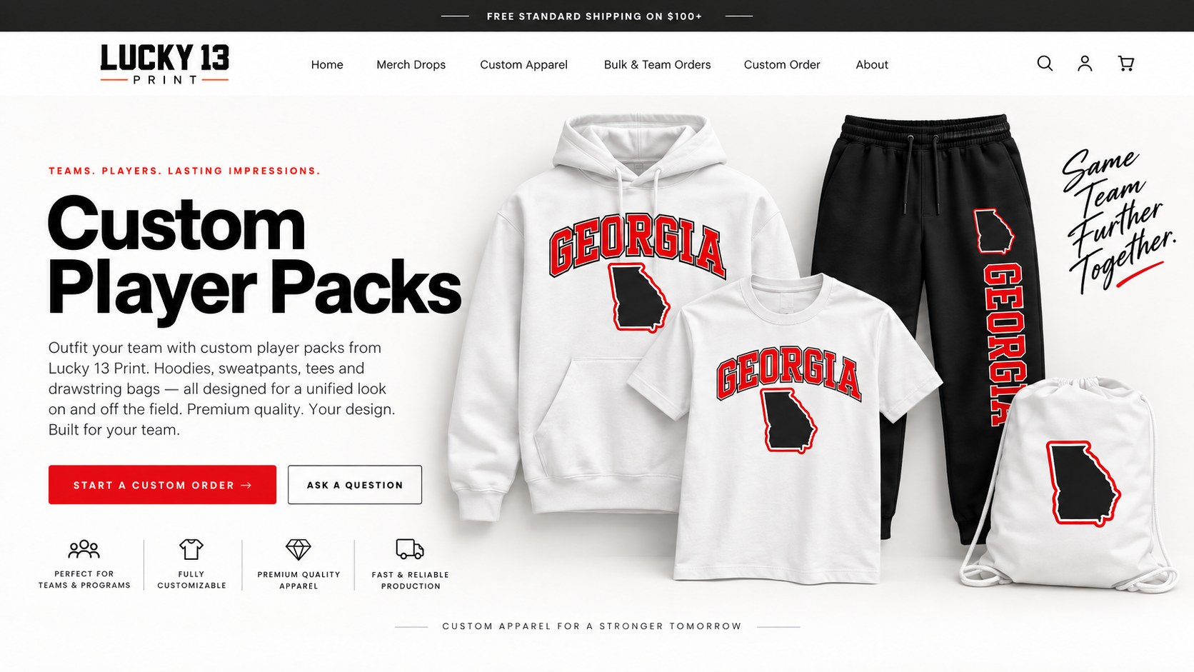 Georgia custom Player Pack example with hoodie, T-shirt, sweatpants, and drawstring bag