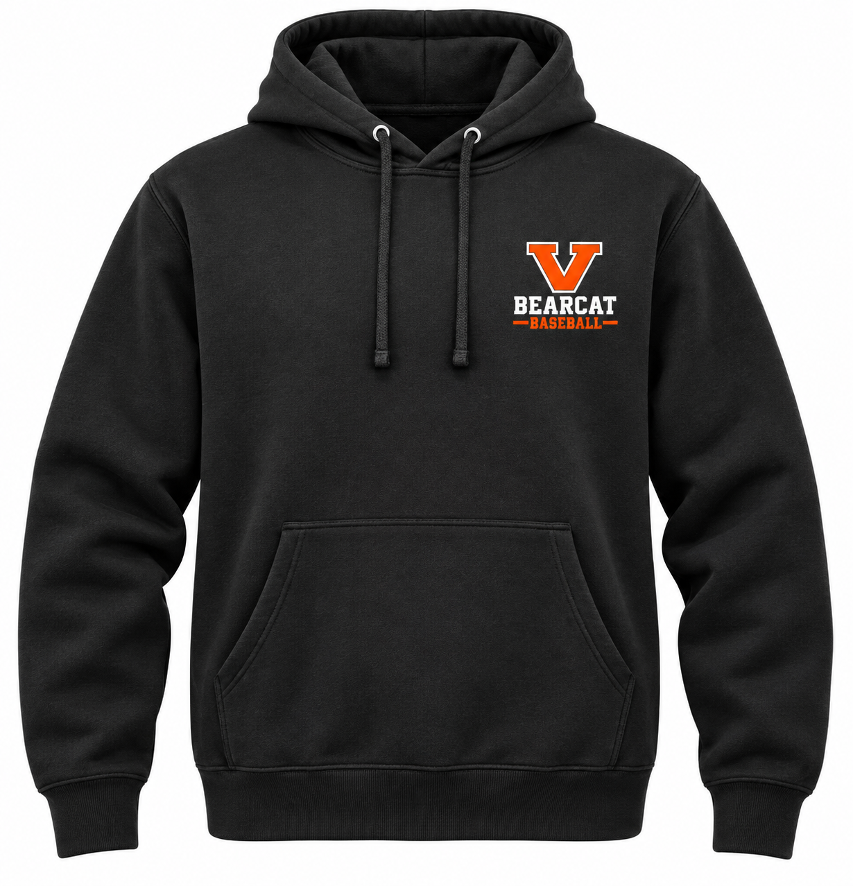 Virginia High Bearcat Baseball black hoodie front with small V / BEARCAT BASEBALL on the left chest