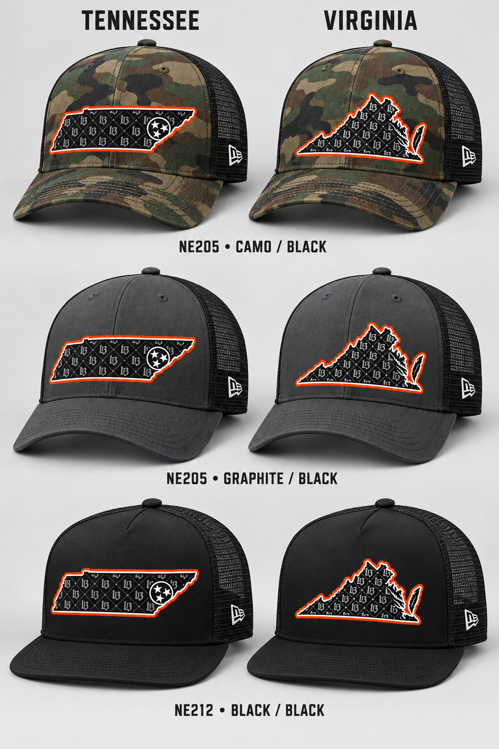 Tennessee and Virginia New Era cap fronts in Camo/Black, Graphite/Black, and Black/Black