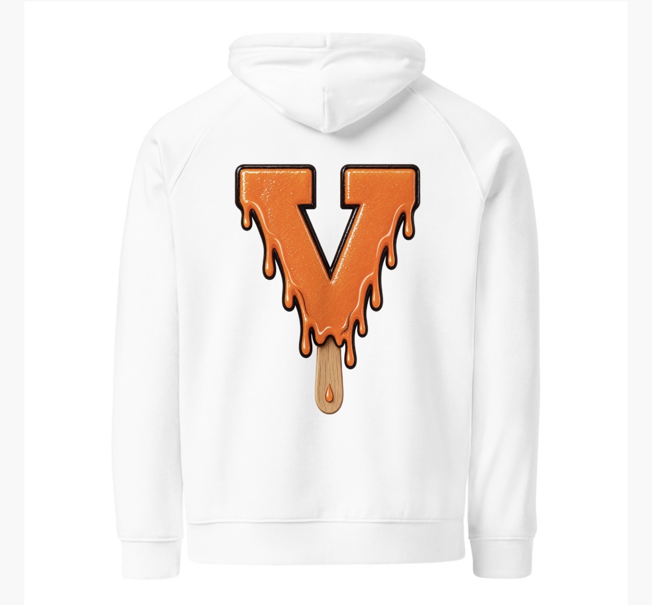 Orange Drip V Hoodie — white, back