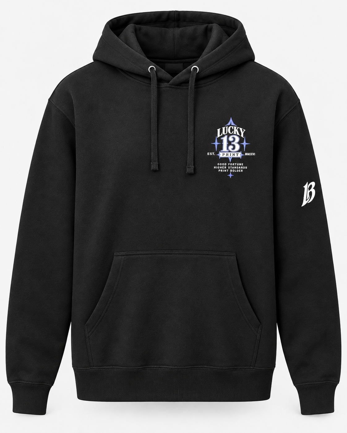 Front view of the approved New Lucky 13 black hoodie