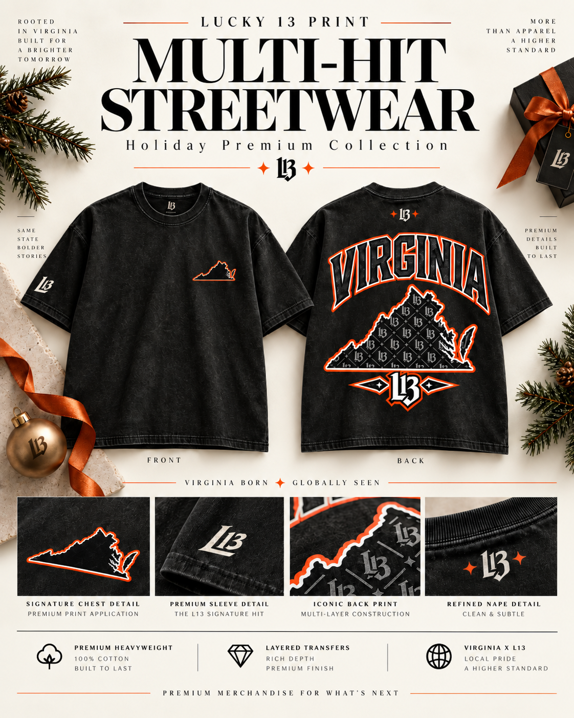Black mineral-wash Virginia × L13 tee front and back with chest, sleeve, back print and nape details