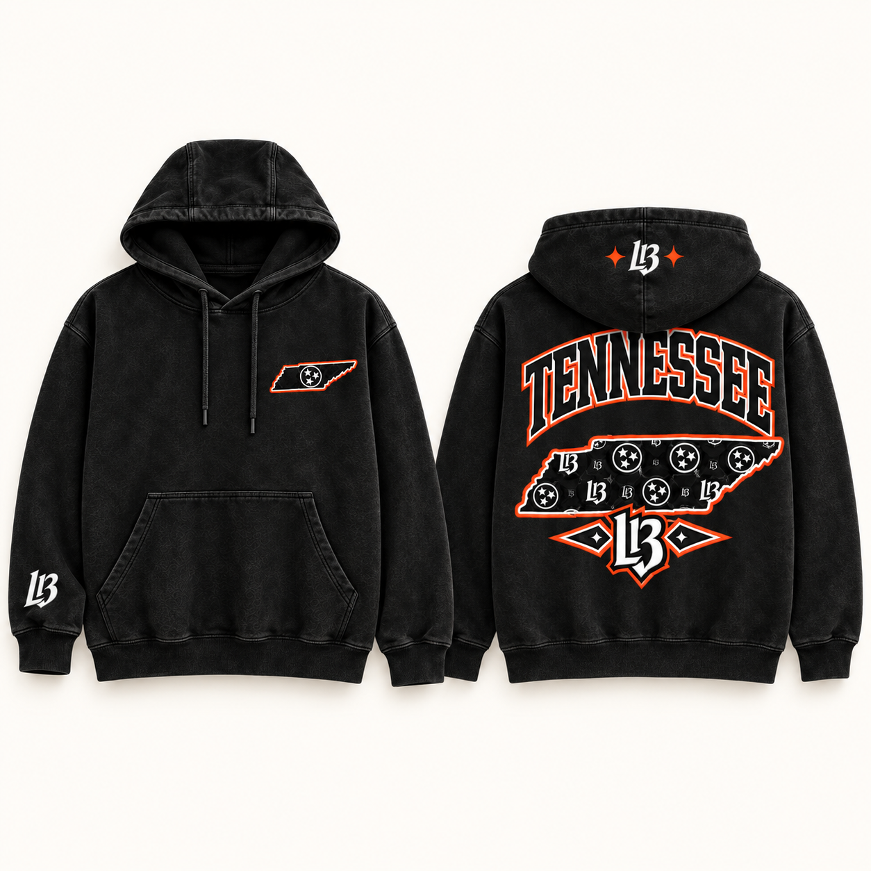 Tennessee Tri-Star Streetwear Hoodie in black washed, front and back