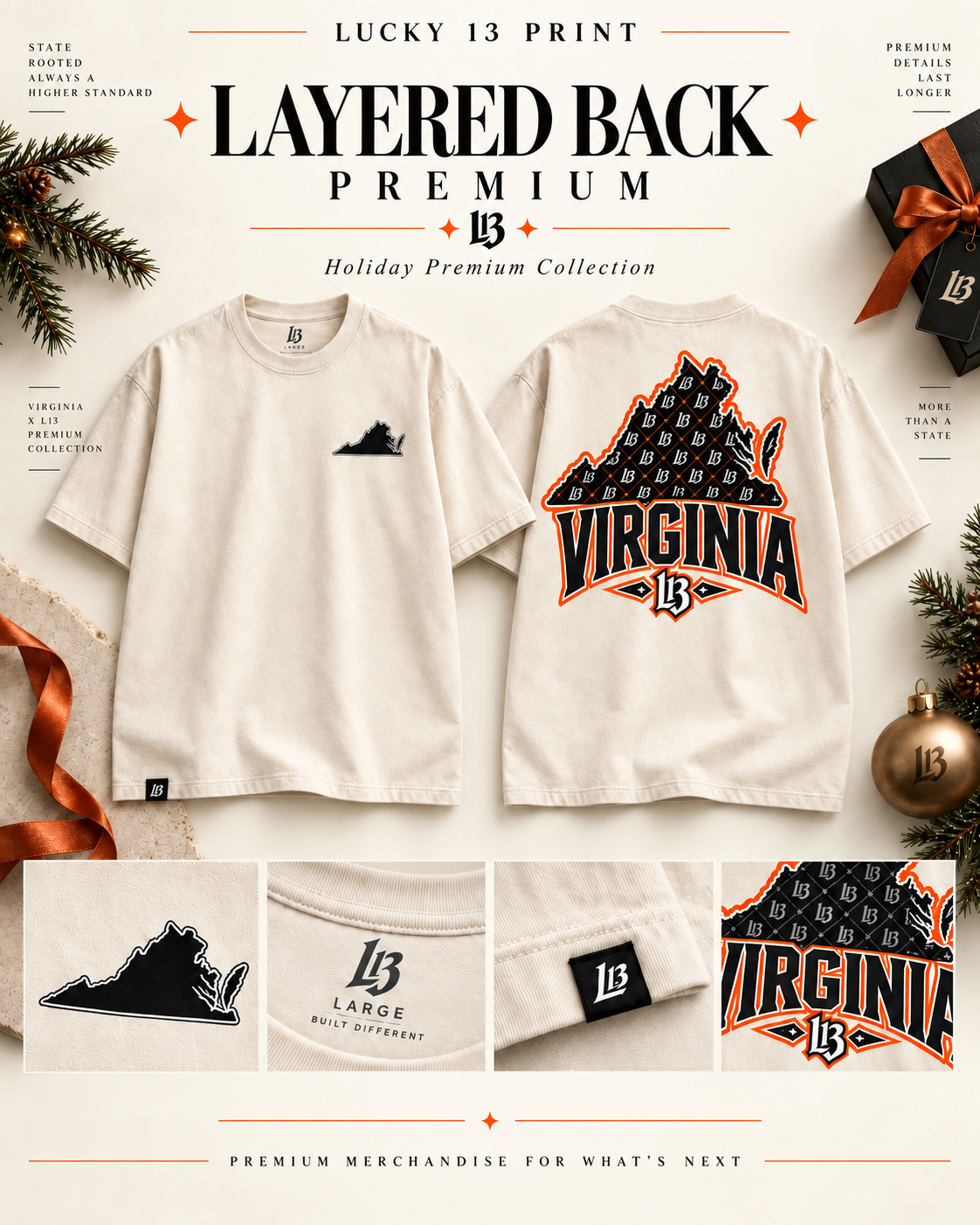 Cream heavyweight Virginia × L13 tee front and back with layered back print and garment details
