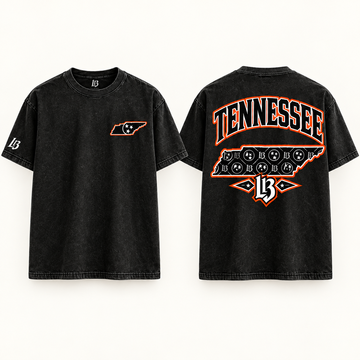 Tennessee Tri-Star Premium T-Shirt in black washed, front and back