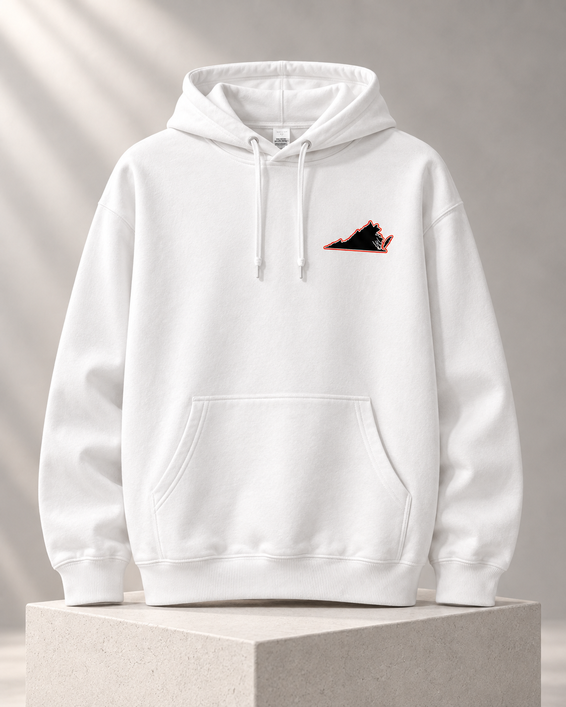 White hoodie, front, with small Virginia print on the left chest