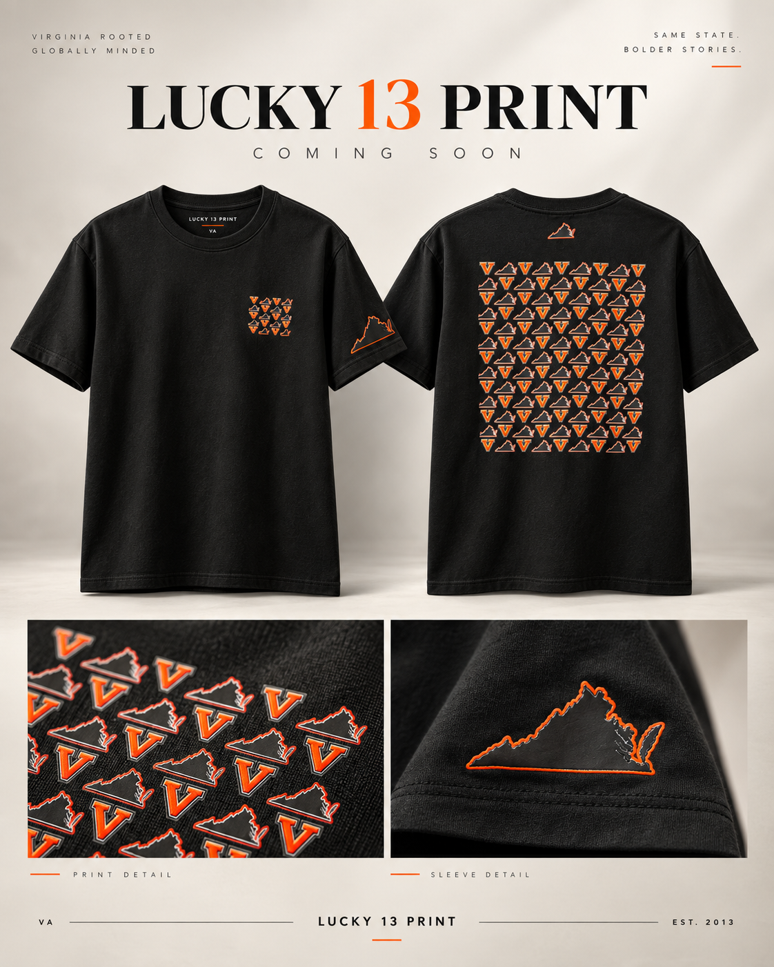 Black Virginia repeat-monogram tee, front and back, with print detail and sleeve detail shots