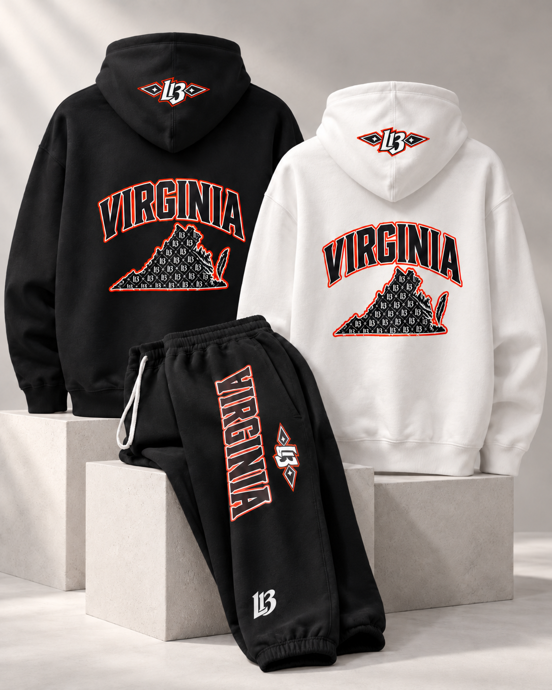 Virginia Collection cover: black and white hoodies with black joggers, small white L13 at the bottom of the jogger leg