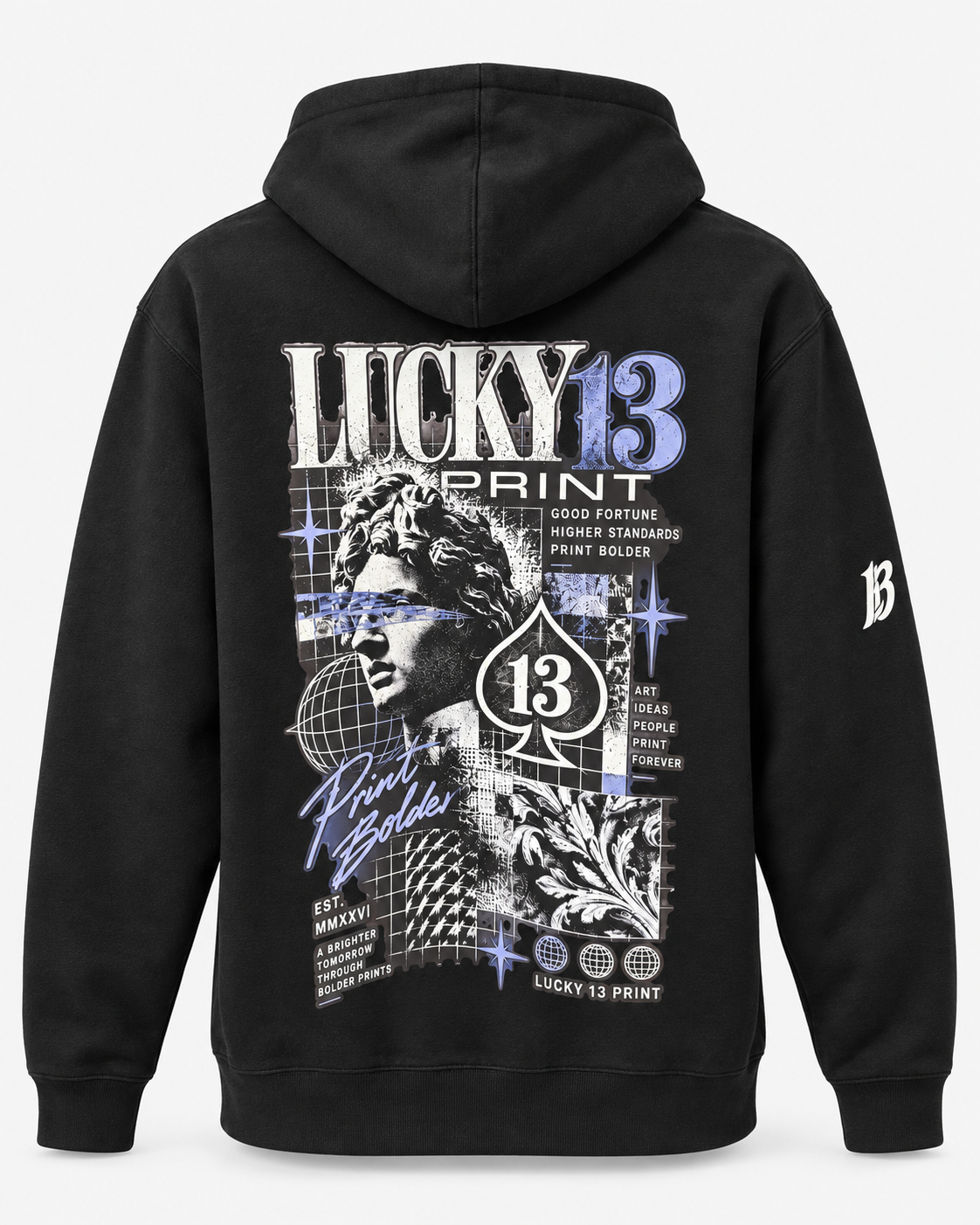 Back view of the approved New Lucky 13 black hoodie