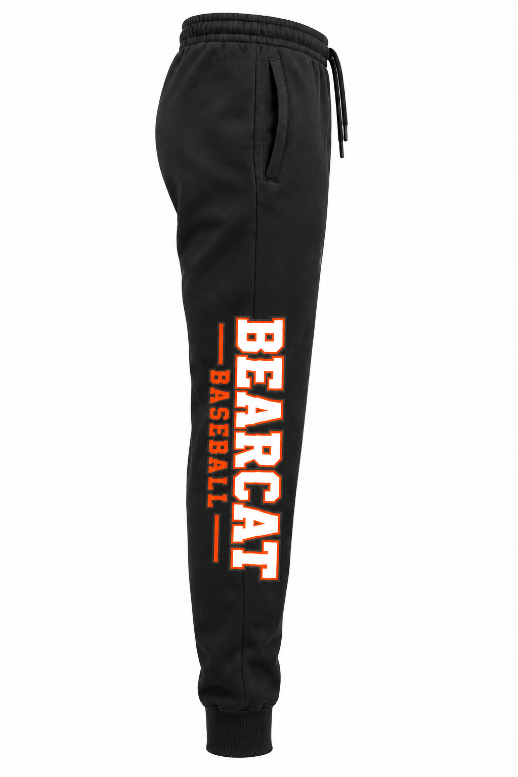 Virginia High Bearcat Baseball black sweatpants, wearer's right outside leg
