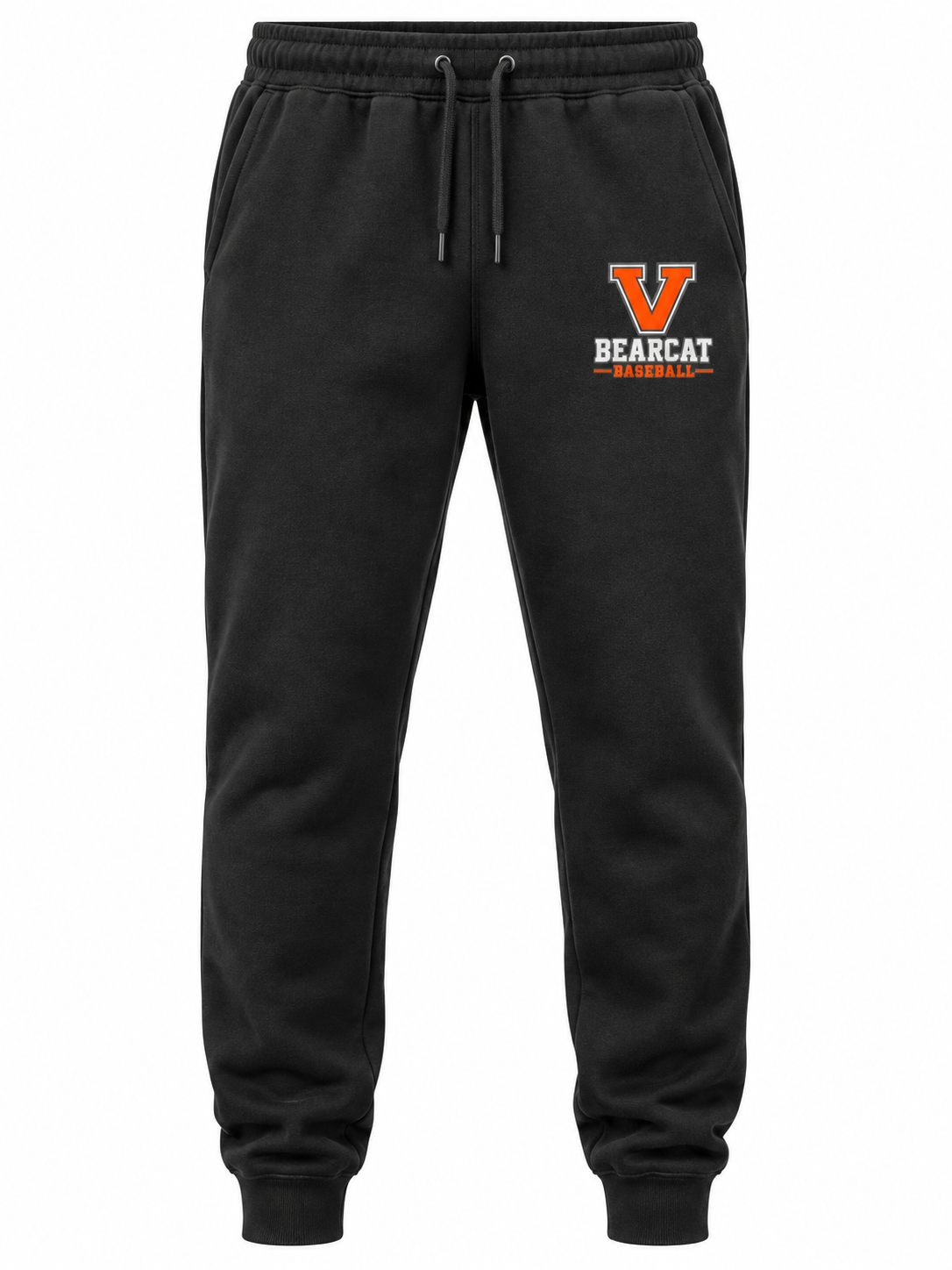 Virginia High Bearcat Baseball black sweatpants front with small logo on the left upper thigh