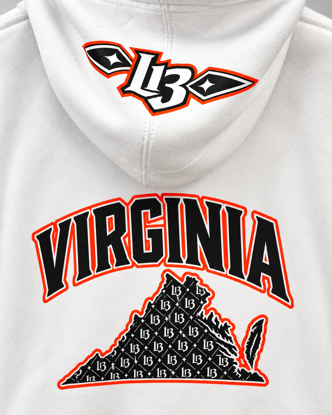 White hoodie photographed from the back: L13 hood print above the arched VIRGINIA wordmark and the L13-patterned Virginia state shape