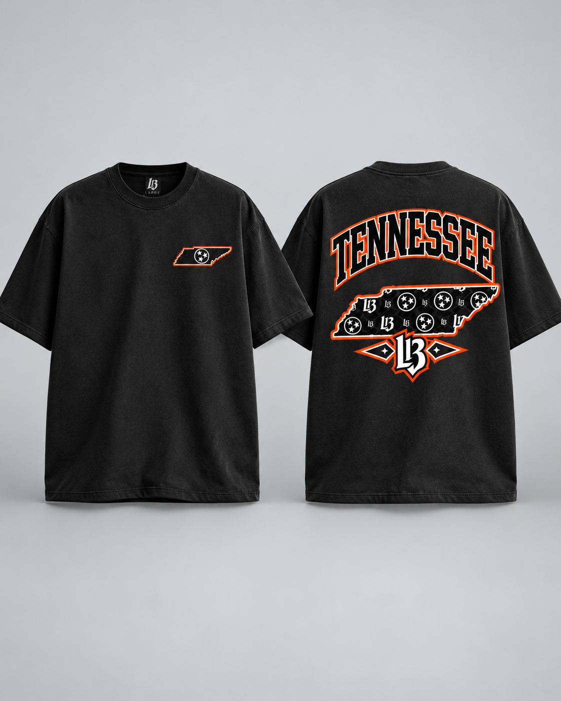 Tennessee Tri-Star T-Shirt in black, front chest state graphic and large back graphic