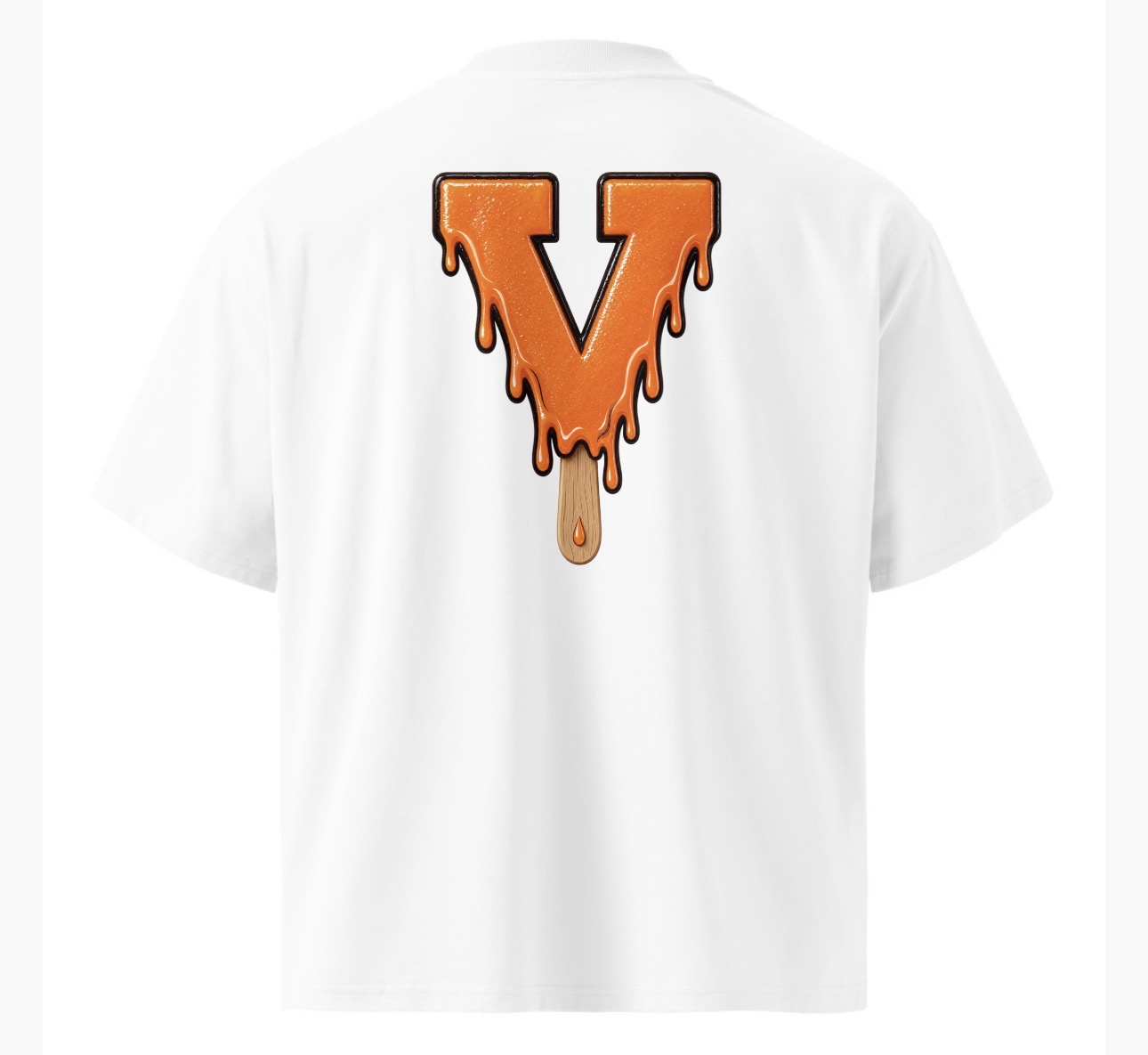 Orange Drip V T-Shirt — white, back