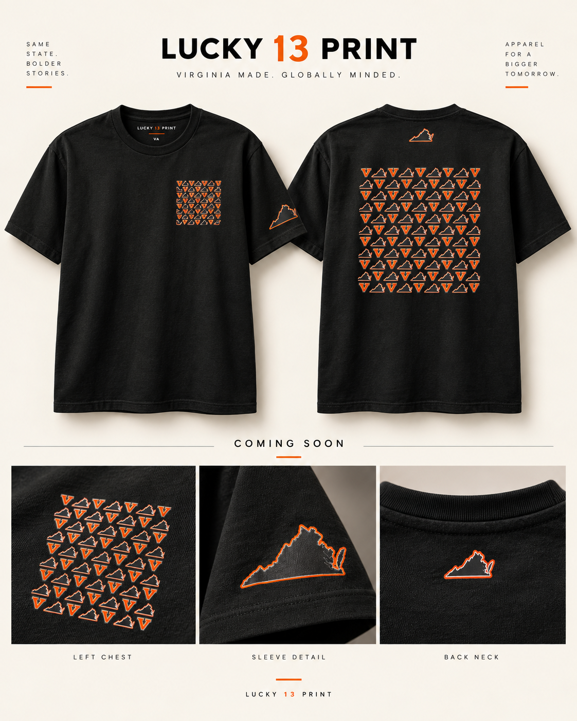 Black Virginia repeat-monogram tee, front and back, with left chest, sleeve and back neck detail shots