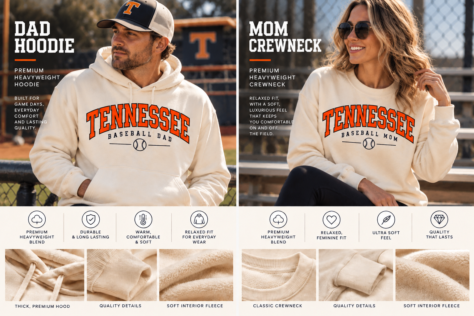 Owner-approved Tennessee Baseball Dad hoodie and Baseball Mom crewneck preview, with garment details